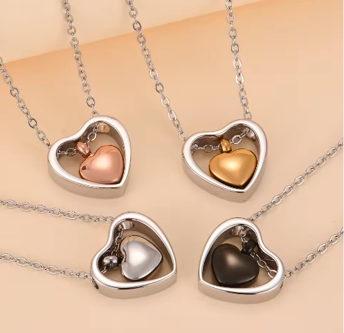 Collier Urne Double Cœur — Pendentif Commémoratif pour Cendres